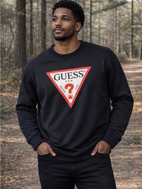 GUESS Black Crewneck with Red Triangle Logo oversized